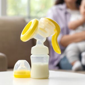 Breast pump on table against mother with baby at home, closeup