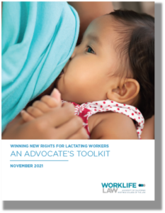 Photo of breastfeeding baby and text , "Winning New Rights for Lactating Workers, An Advocate's Toolkit"
